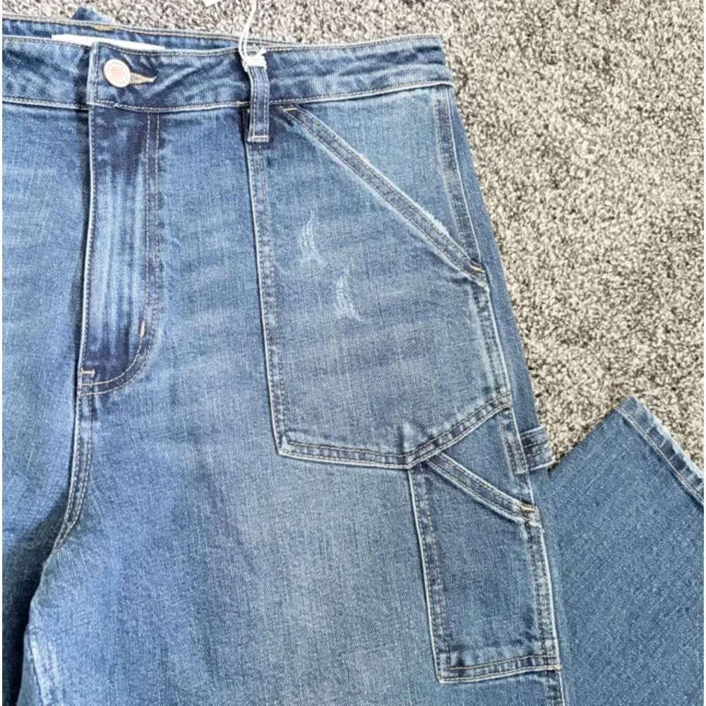 Kancan Wide Leg Cargo Jeans NWT Size 12 Medium Wash High Rise Utility Denim